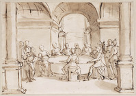 K II 080
<br/>
Veldheer en andere figuren aan een ronde tafel
<br/>
<em>Cambiaso, Luca (1527-1585) - atelier van</em>